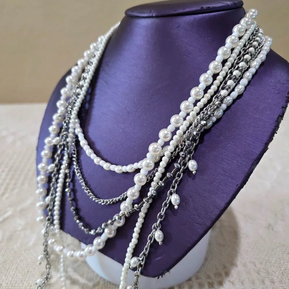 Pearls and Silver Chains Six 6 Strand Layered Vintage Long Elegant Necklace